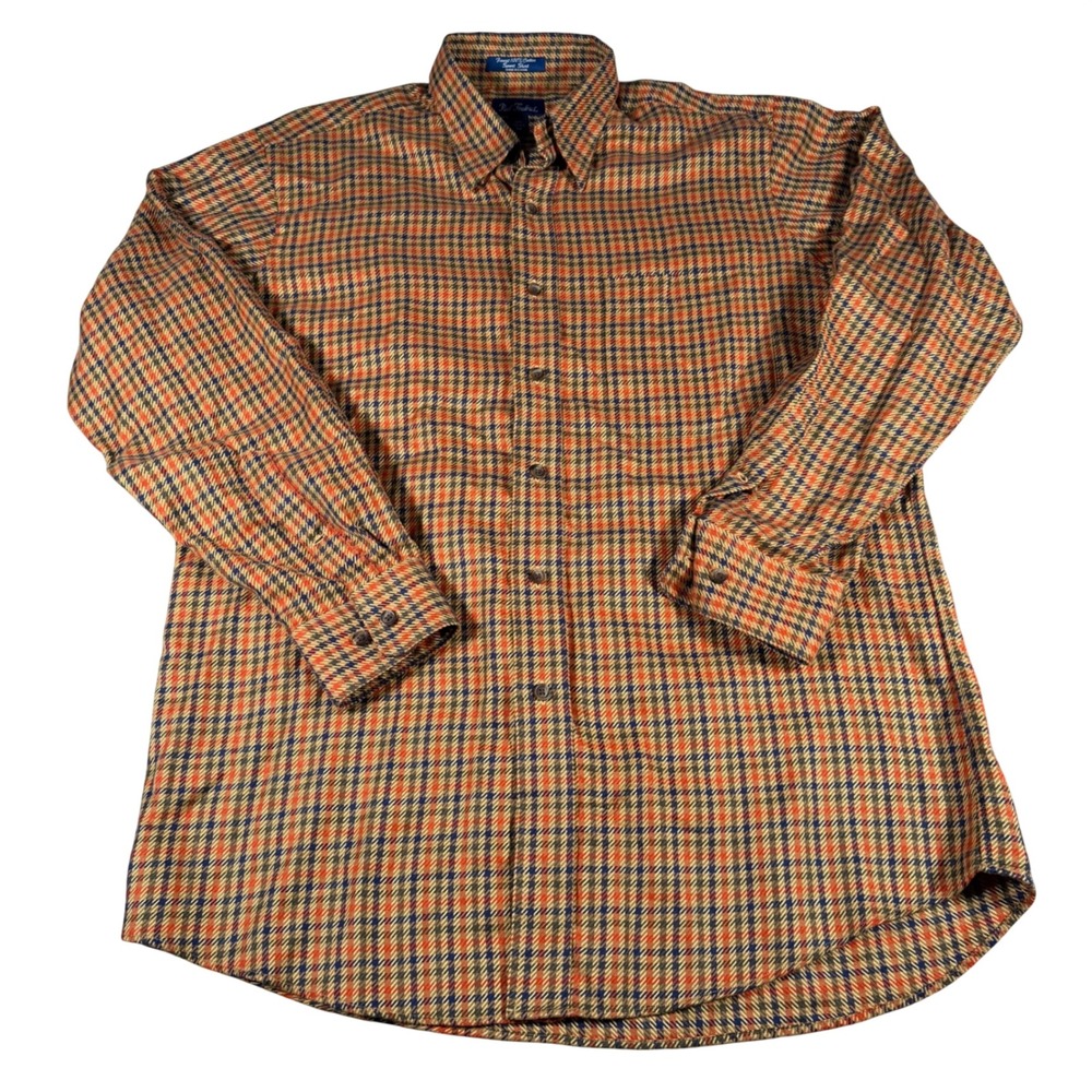Paul Fredrick Sport Shirt Mens M Orange Blue Plaid Button Long Sleeve Cotton
